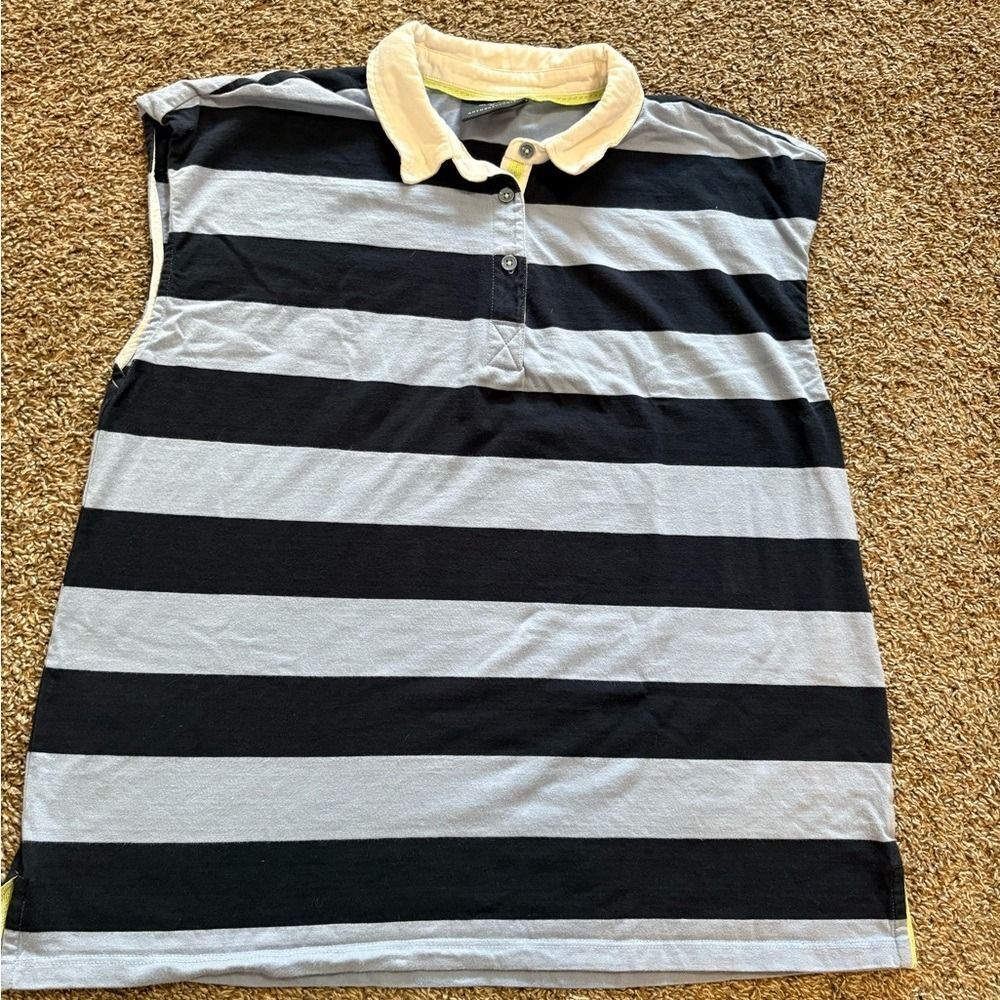 Anthropologie Maeve Black & Light Gray Striped Sleeveless Polo with Cream Collar